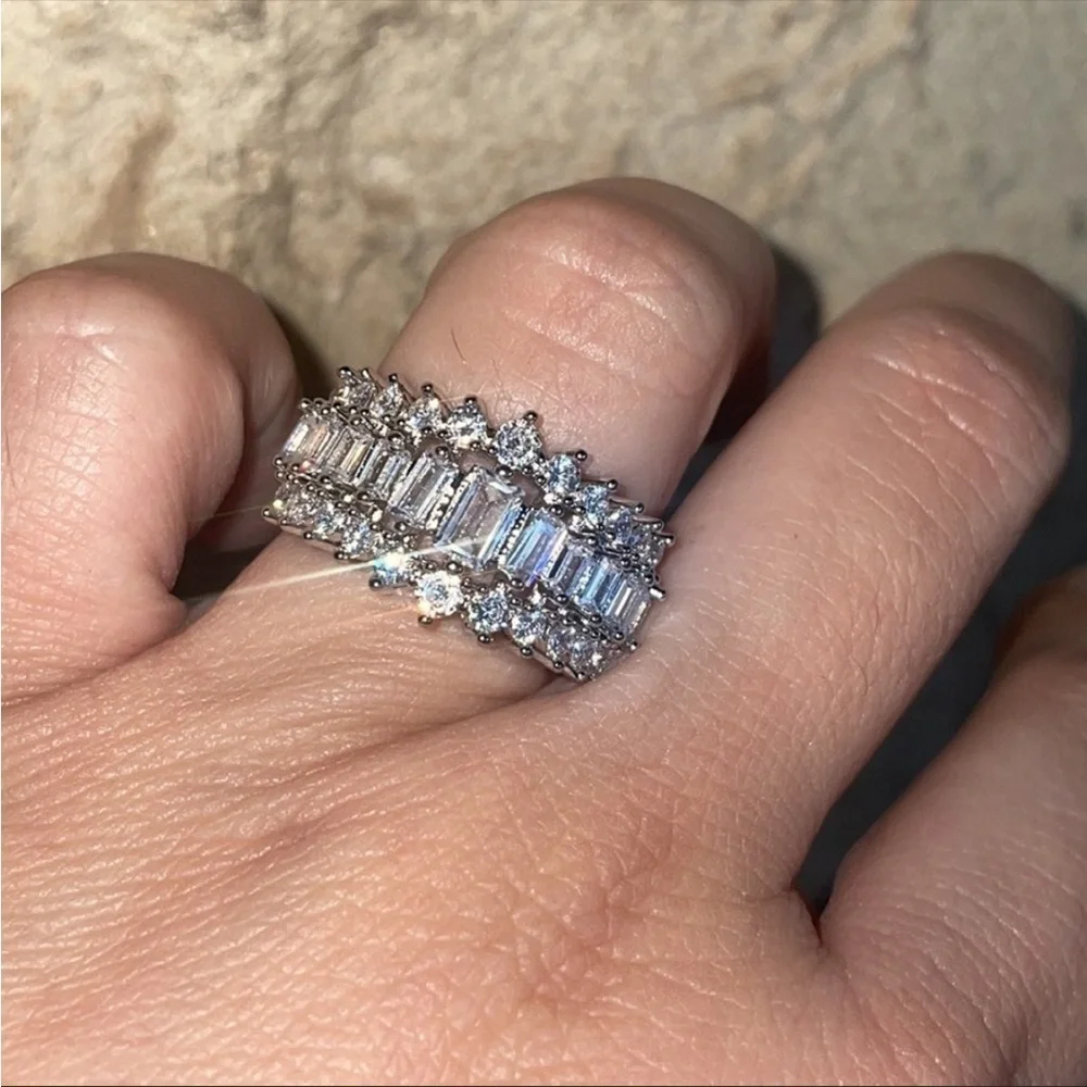 Wedding anniversary sterling silver crown ring CZ  Rectangular Sparkly cluster